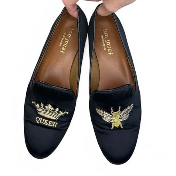 Jon Josef Gatsby Queen Bee Elegant Black Satin Loafers with Gold Stitch Academia - Picture 6 of 10